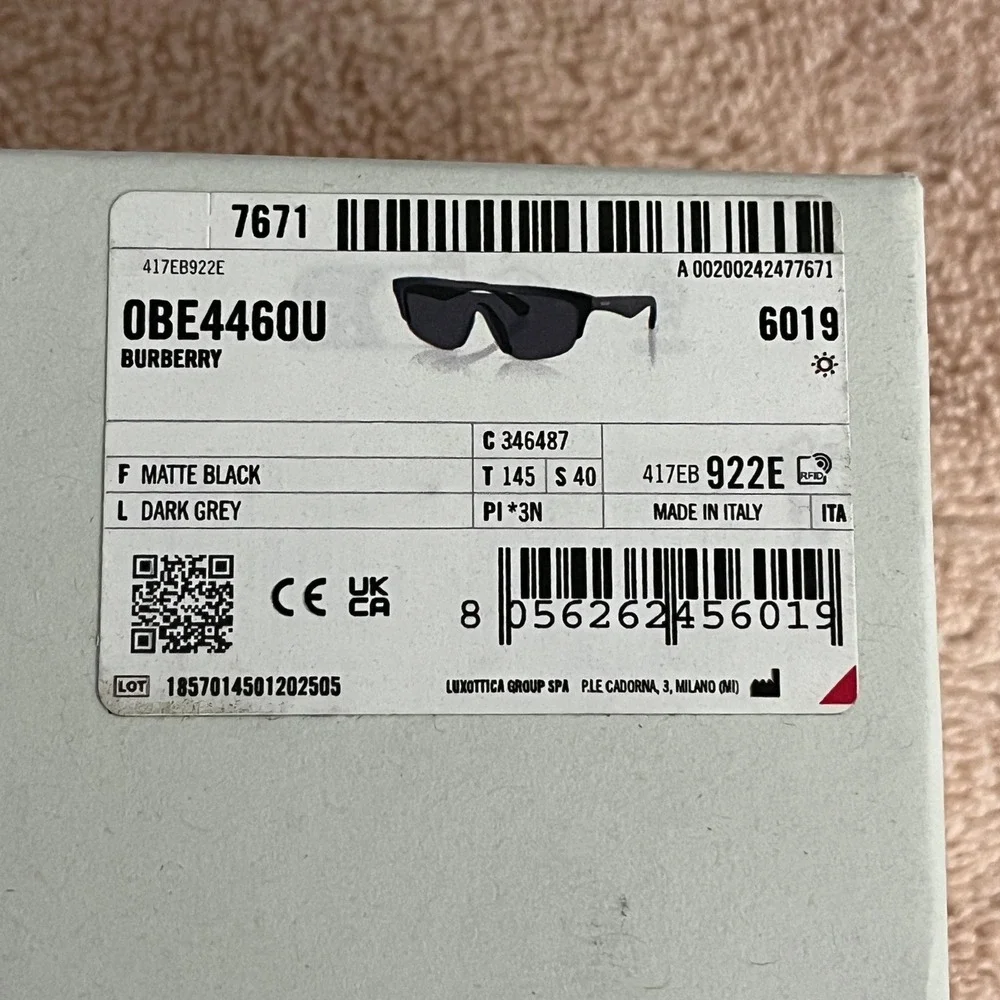 Burberry 0BE4460U Sunglasses Mens OS Matte Black/Dark Grey Italian Luxury NIB